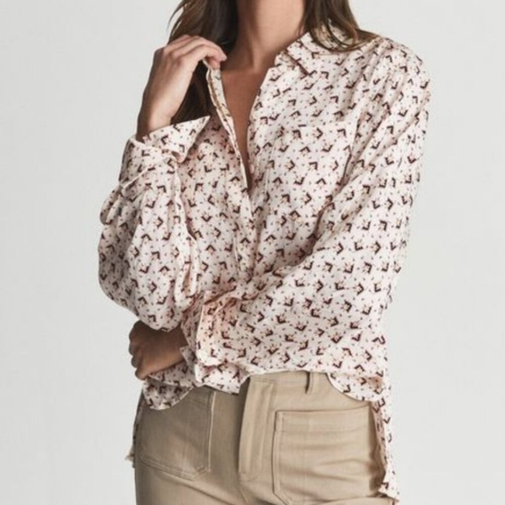 Reiss Pia Cream Multicolor Geometric Design Button Placket Long Sleeve Blouse 0